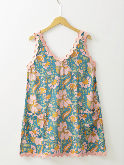 Blue Printed Sleeveless Mini Dress