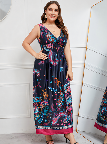Navy Blue Printed Bohemia V-Neck Maxi Dress