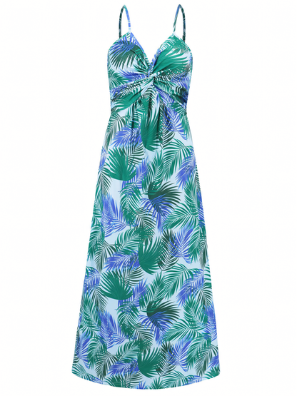 Light-blue Printed Halter V-neck Maxi Dress