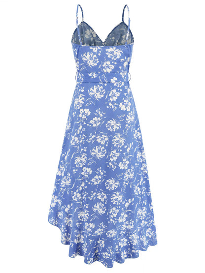 Blue Halter Irregular Floral Beach Maxi Dress