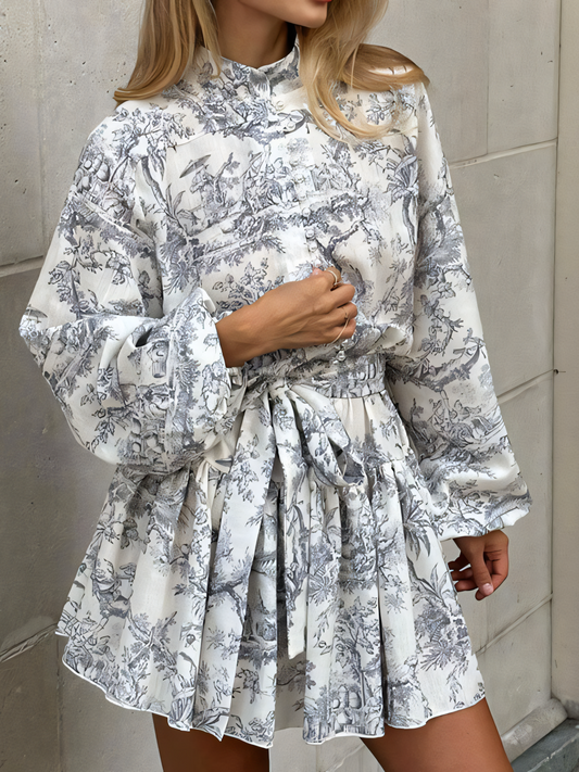 Long-sleeved Lace-up Floral  Mini Dress