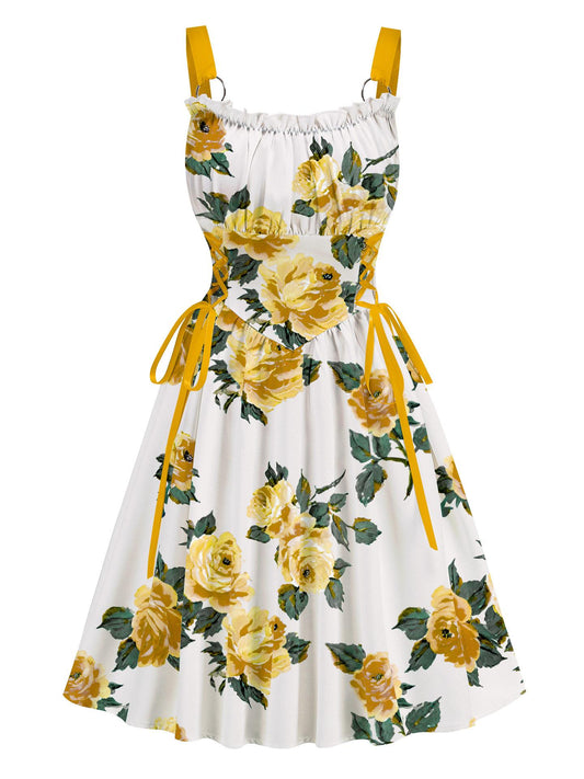 Yellow Floral Printed Drawstrings Elegant  Midi Dress