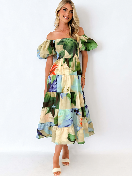 Beige Green Printed Puffy Bubble Sleeve  Midi Dress