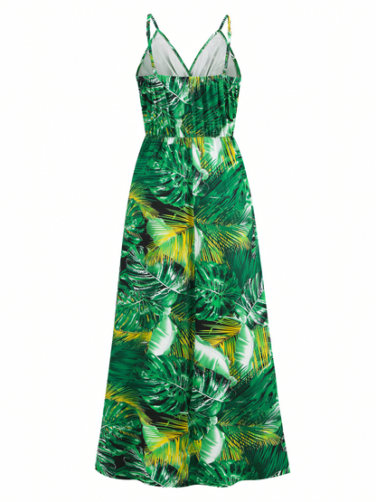 Dark-green Printed Bohemia V-Neck Halter Maxi Dress
