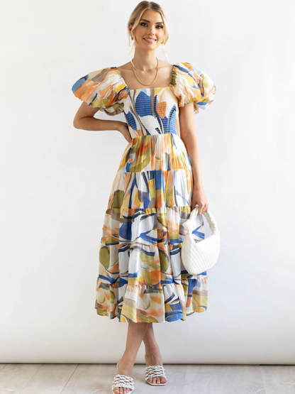 Blue Yellow Printed Puffy Bubble Sleeve  Midi Dress
