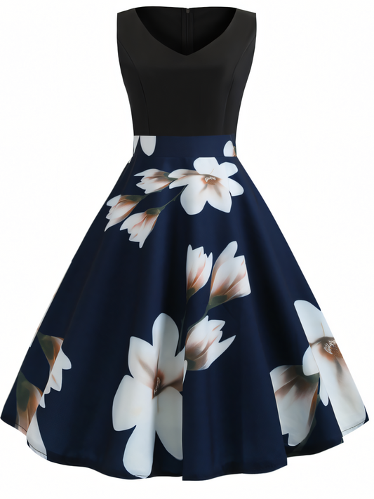 Blue Floral V-neck  Midi Dress