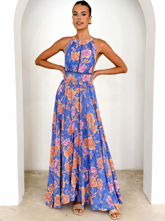 Blue Crushed Neck Bohemia Backless Maxi Dress