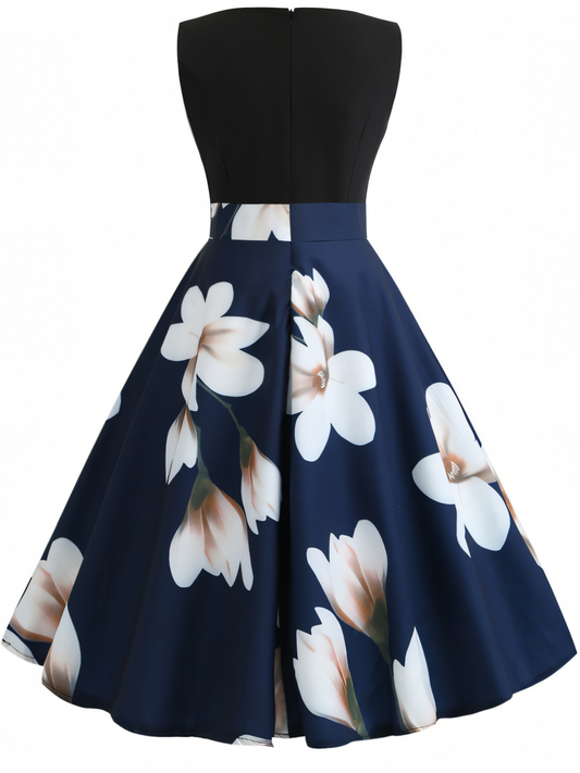 Blue Floral V-neck  Midi Dress