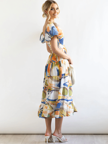 Blue Yellow Printed Puffy Bubble Sleeve  Midi Dress