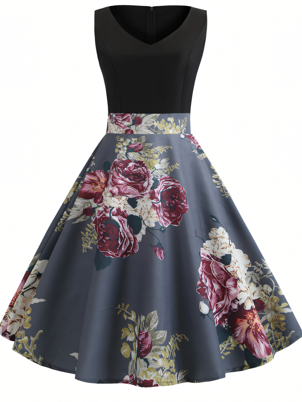 Blue Pink Floral V-neck  Midi Dress