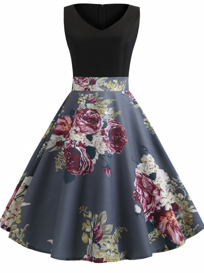 Blue Pink Floral V-neck  Midi Dress