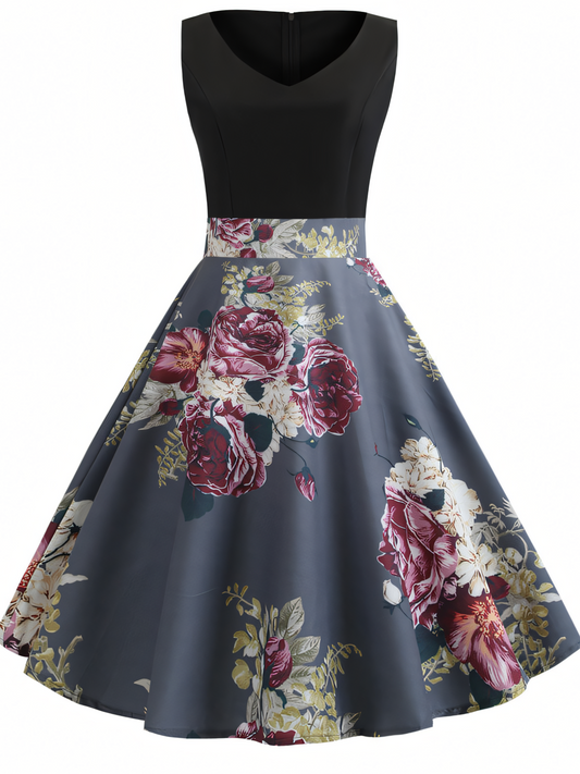 Blue Pink Floral V-neck  Midi Dress