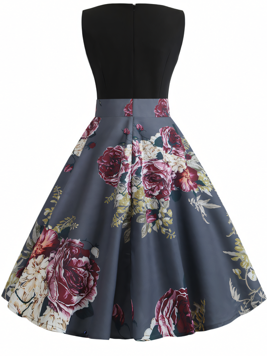 Blue Pink Floral V-neck  Midi Dress
