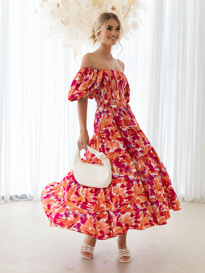 Rose Printed Puffy Bubble Sleeve  Midi Dress