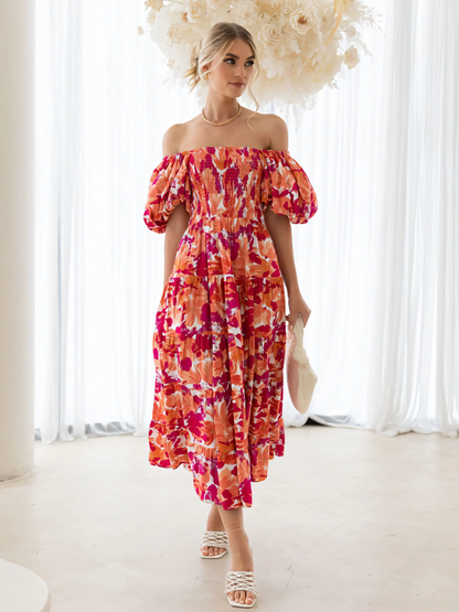 Rose Printed Puffy Bubble Sleeve  Midi Dress
