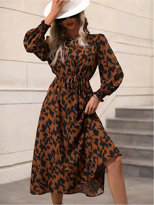 Leopard Print Tie-Up Long-Sleeved Maxi Dress