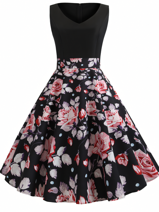 Pink Floral V-neck  Midi Dress