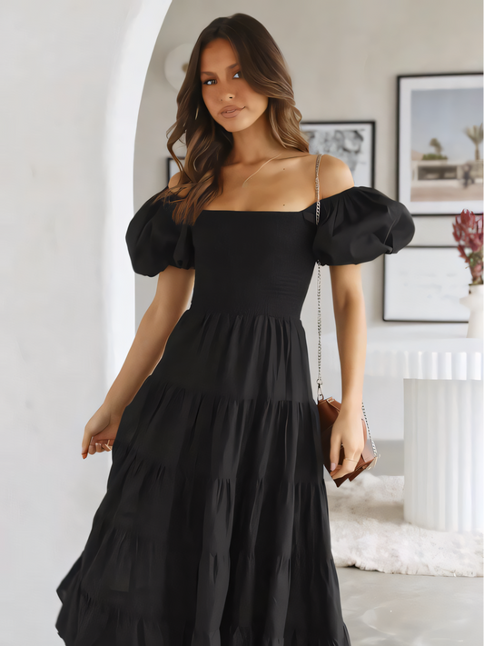 Solid Color Poncho Bubble Sleeve Midi Dress