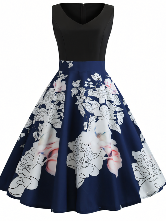 Blue White Floral V-neck  Midi Dress