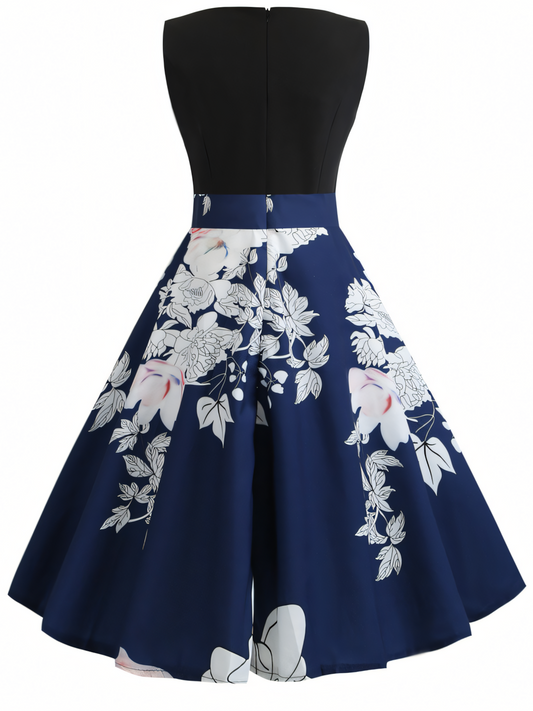 Blue White Floral V-neck  Midi Dress