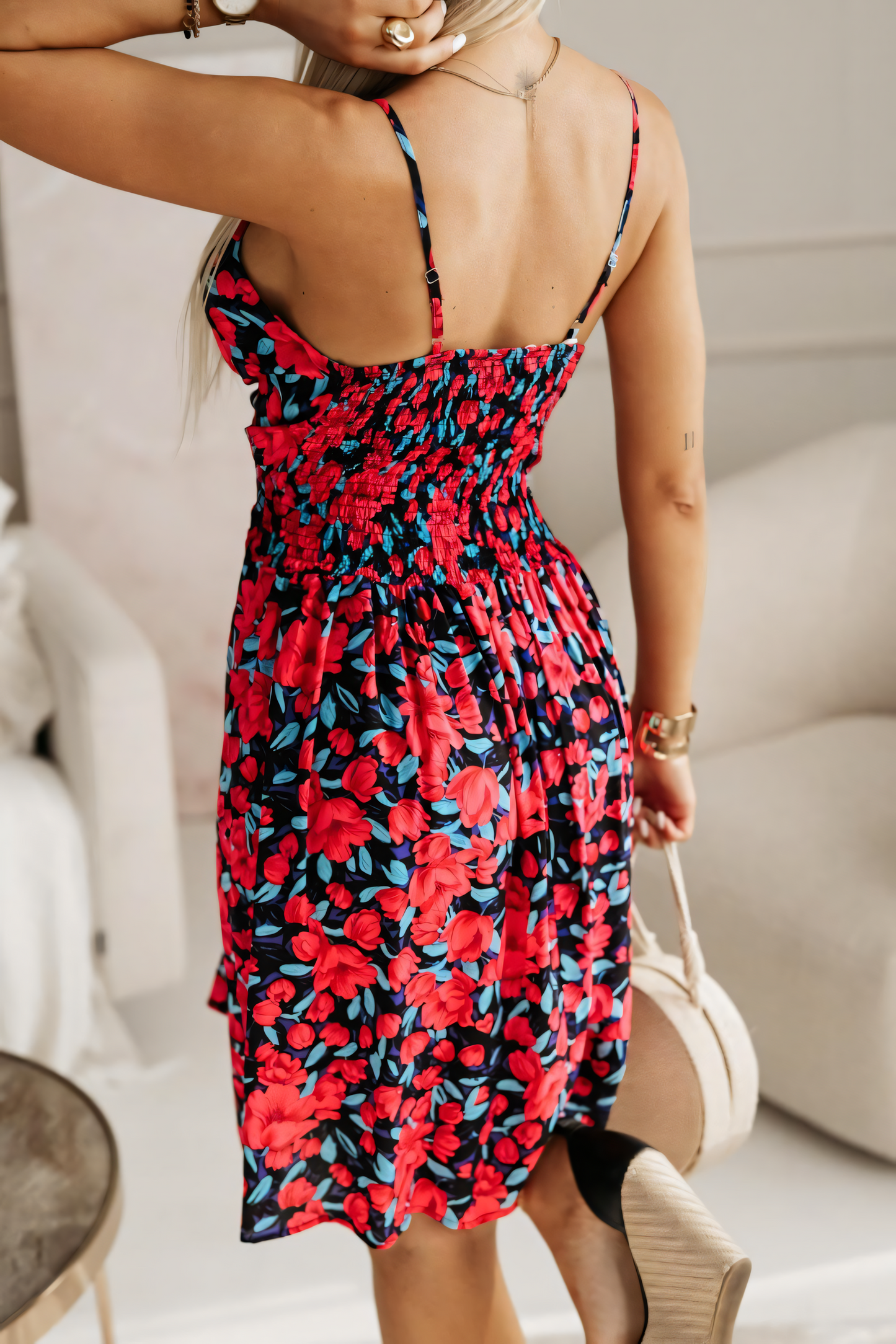 Black  Red Floral Suspender Waist Mini Dress