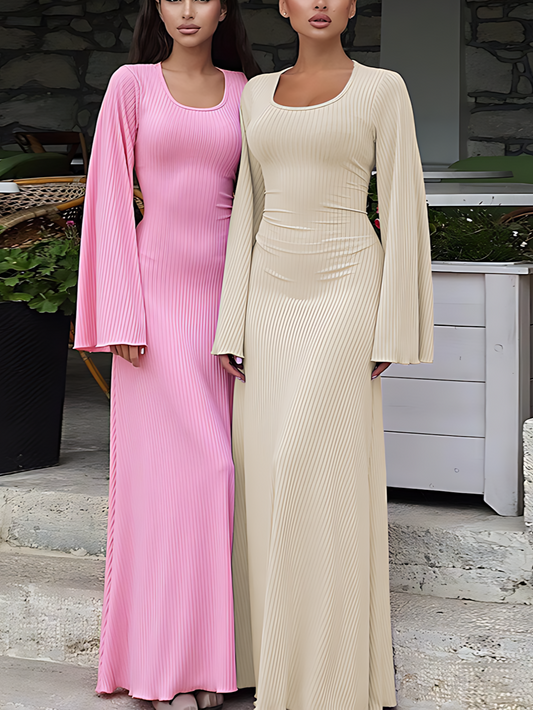 U-neck Lace-up Long-Sleeved Maxi Dress