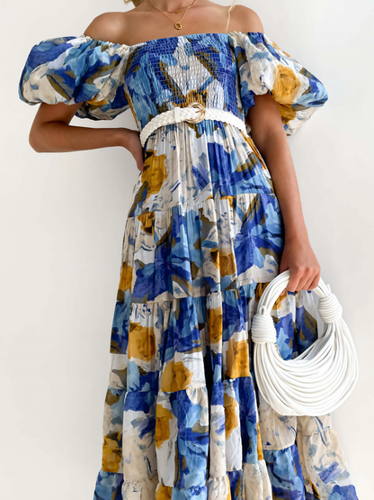 Blue White Printed Puffy Bubble Sleeve  Midi Dress