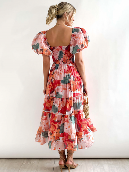 Red Flower Printed Puffy Bubble Sleeve  Midi Dress