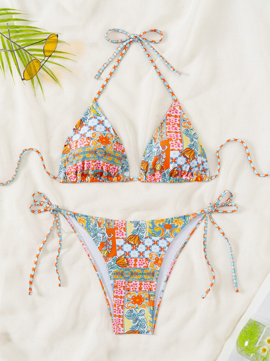 Colorful Printed Tie-Side Bikini