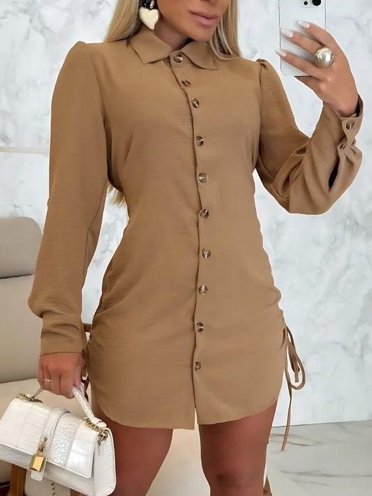 Solid Drawstring Long-Sleeved Shirt Mini Dress