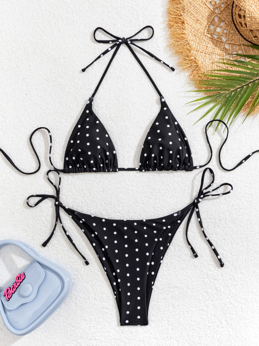 Black Polka Dot Print Tie-Side Bikini