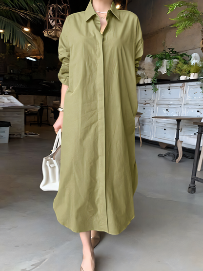 Solid Shirt Collar Casual Maxi Dress