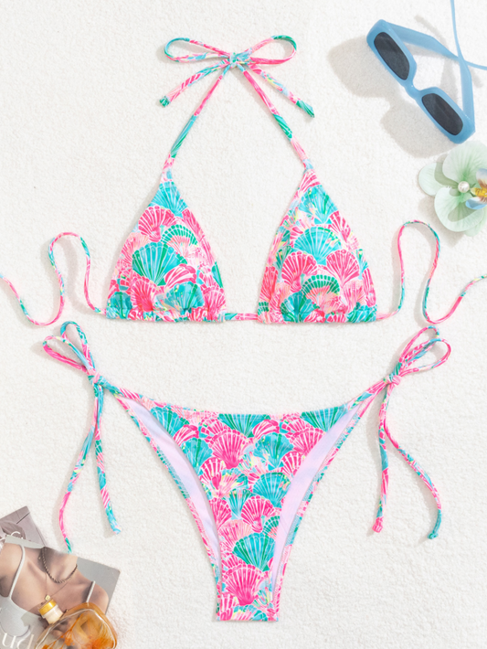 Pink & Green Printed Tie-Side Bikini