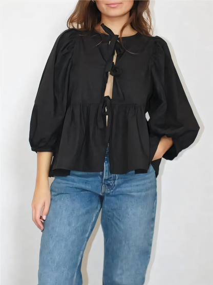 Sweet Casual Lace-Up Solid Color Shirt