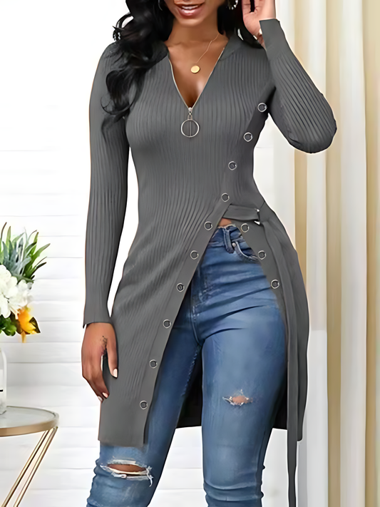 V-neck High Slit Zipper Long-sleeved Top