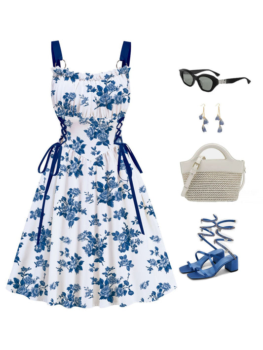 Blue Floral Printed Drawstrings Elegant  Midi Dress