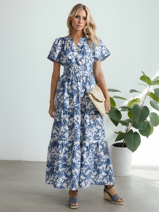 Bohemian Elasticated Waist V-neck Vintage Maxi Dress