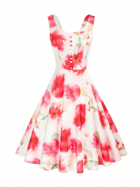 Red Floral Printed Button Midi Dress
