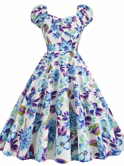 Blue Floral Vintage Elegant Midi Dress