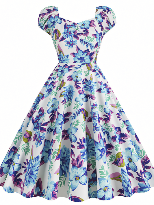 Blue Floral Vintage Elegant Midi Dress