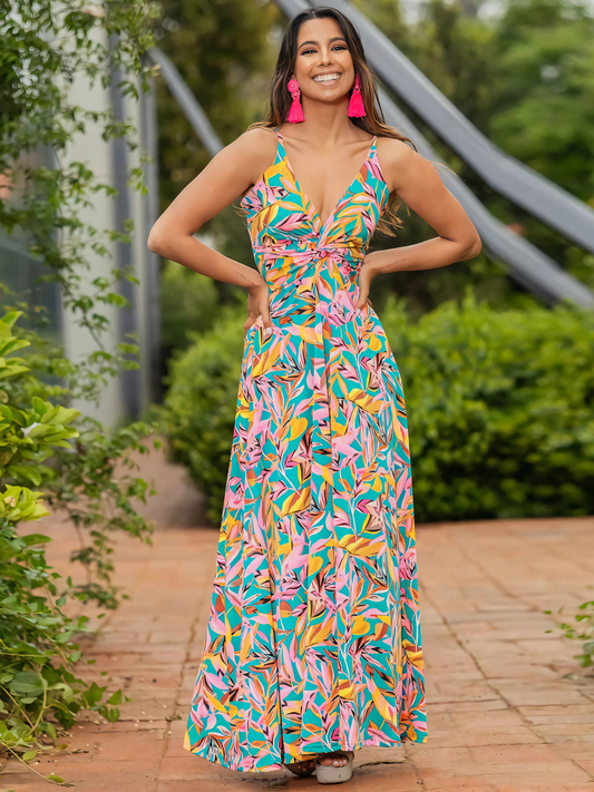 Yellow Green Printed Halter V-neck Maxi Dress