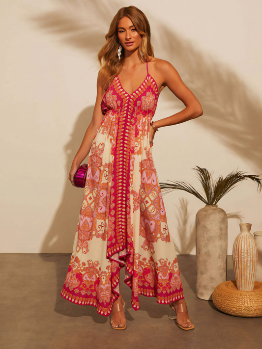V-neck Slip Red Print Maxi Dress