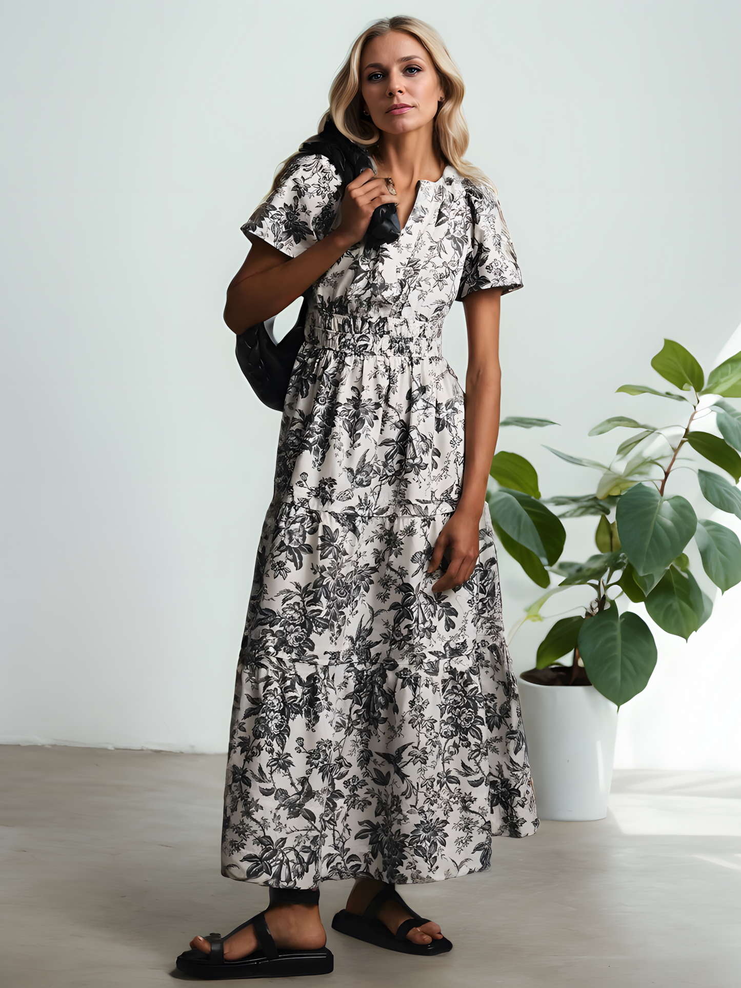 Bohemian Elasticated Waist V-neck Vintage Maxi Dress