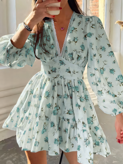 Floral High Waist V-Neck Mini Dress