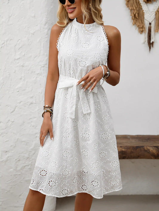 White Embroidered Elegant  Midi Dress