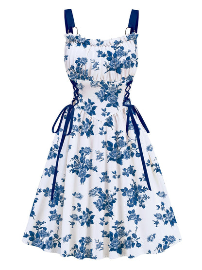 Blue Floral Printed Drawstrings Elegant  Midi Dress