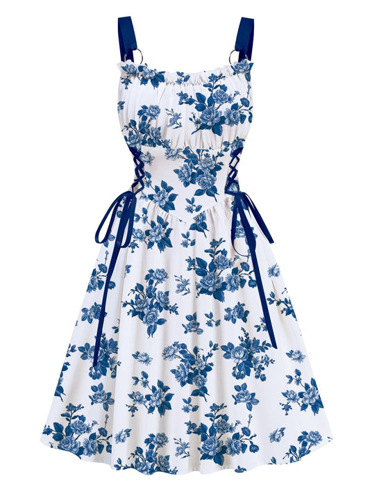Blue Floral Printed Drawstrings Elegant  Midi Dress