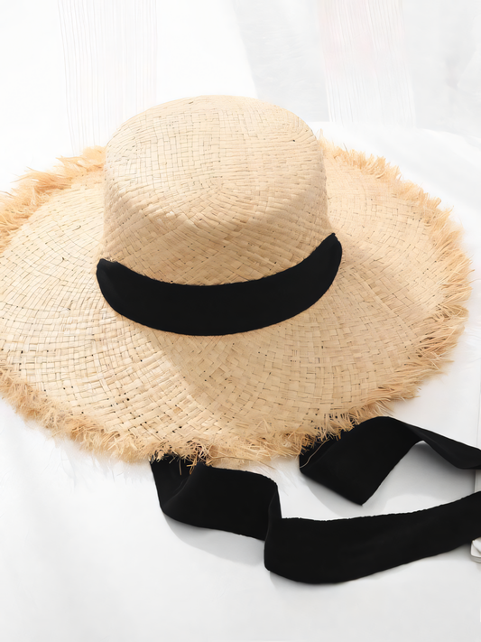 Flat Top Strap Raffia Straw Hat Beach Hat