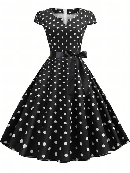 Hepburn Style Big Swing Polka Dot Ribbon Midi Dress