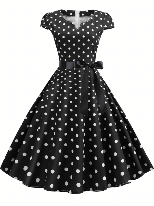 Hepburn Style Big Swing Polka Dot Ribbon Midi Dress
